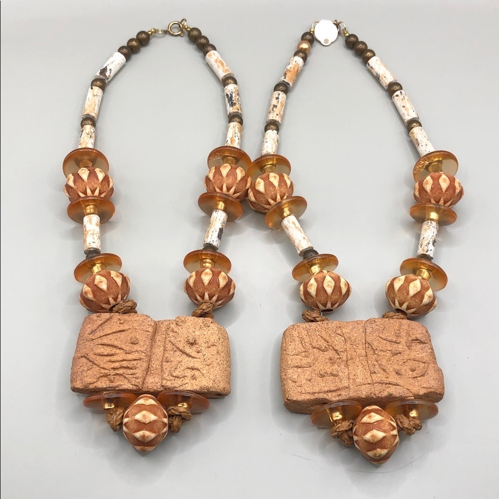 Vintage rustic tribal art to wear unusual chunky beaded statement necklace boho.